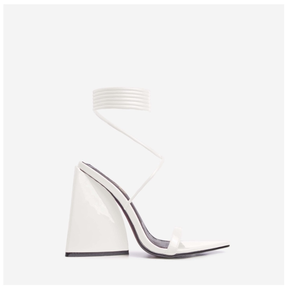 White lace up pointed block heel